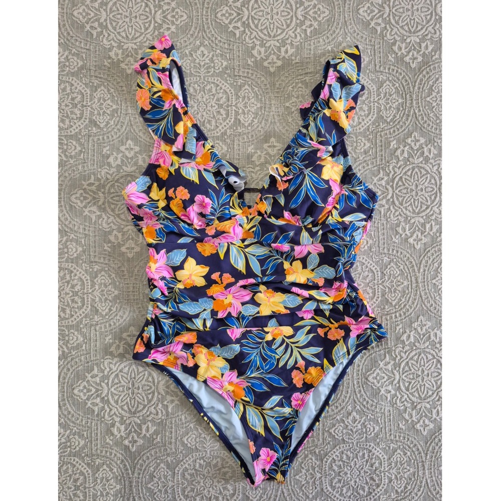 Cupshe Floral Ruffle V-Neck One Piece Swimsuit Navy Blue XL DAA12E5B016UU